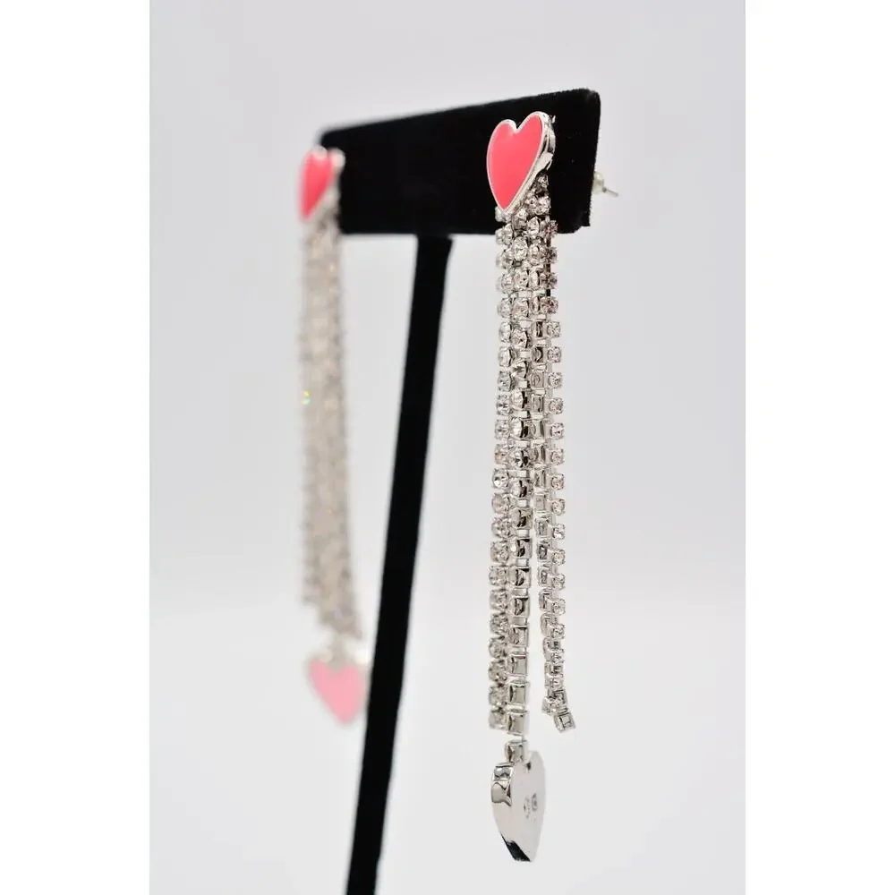 Guess Heart Earrings Rhinestone Crystal Fringe Red Pink Valentine Signed BinAA